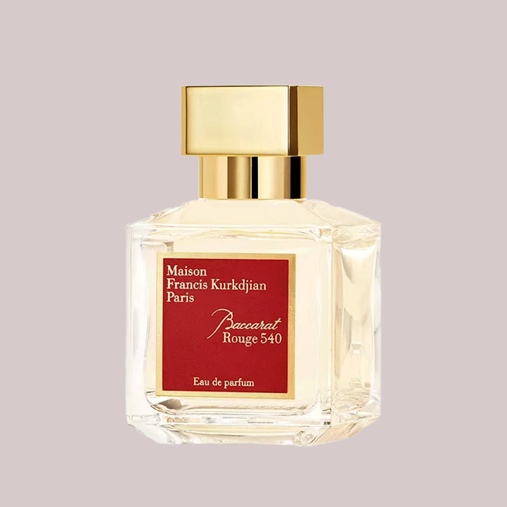 Baccarat Rouge 540 perfume on beige background